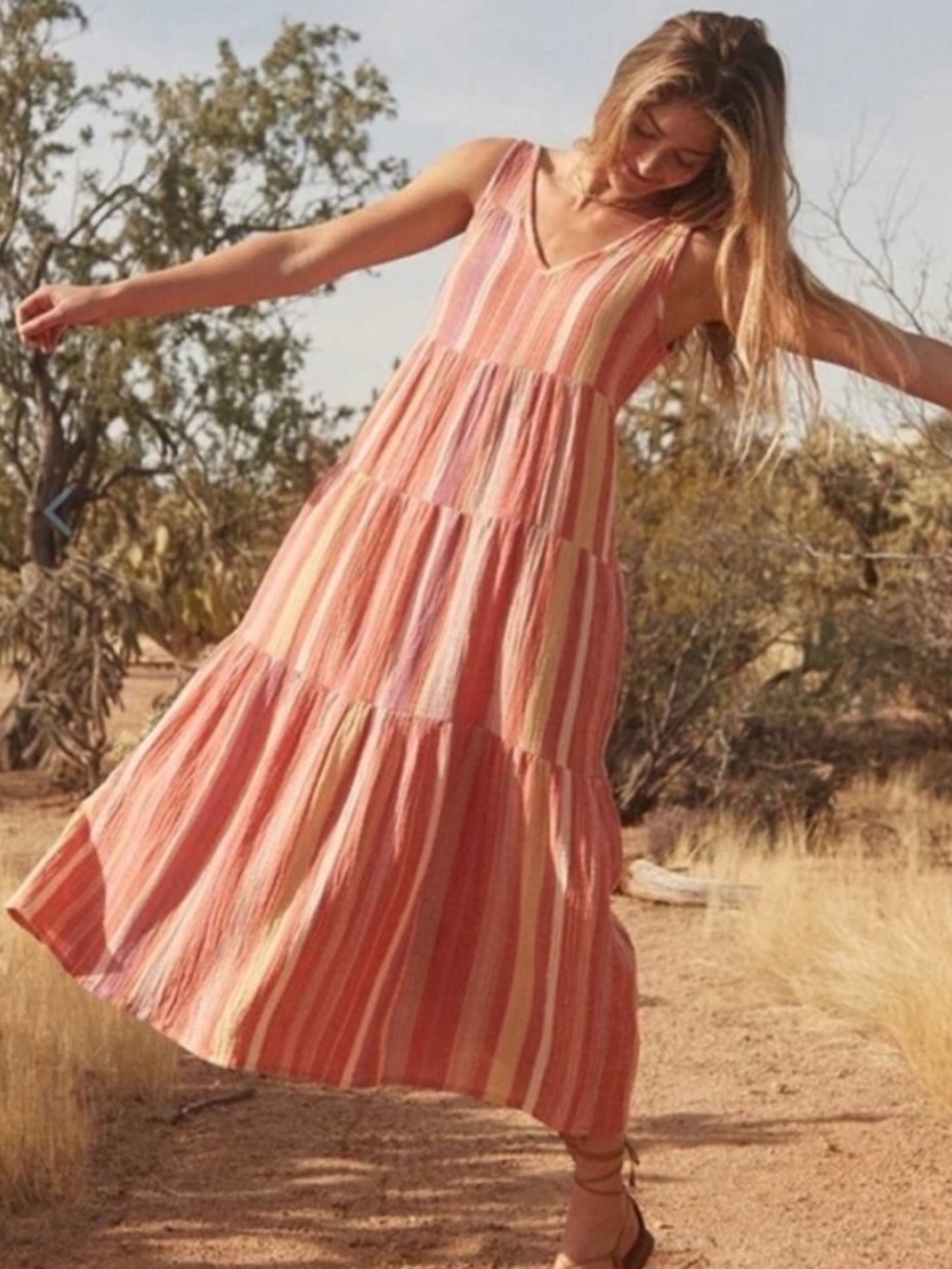 Marine Layer Corrine Gauzy Maxi Dress in Red Variegated Stripe Sz S